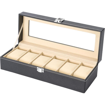 Uhrenbox für 6 Uhren mit Glasdeckel aus PU-Leder Schwarz