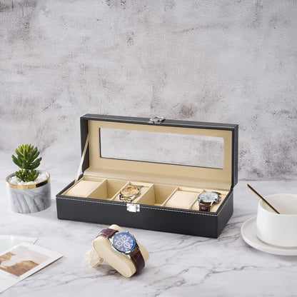 Uhrenbox für 6 Uhren mit Glasdeckel aus PU-Leder Schwarz