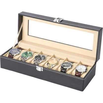 Uhrenbox für 6 Uhren mit Glasdeckel aus PU-Leder Schwarz