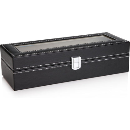 Uhrenbox für 6 Uhren mit Glasdeckel aus PU-Leder Schwarz