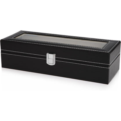 Uhrenbox für 6 Uhren mit Glasdeckel aus PU-Leder Schwarz
