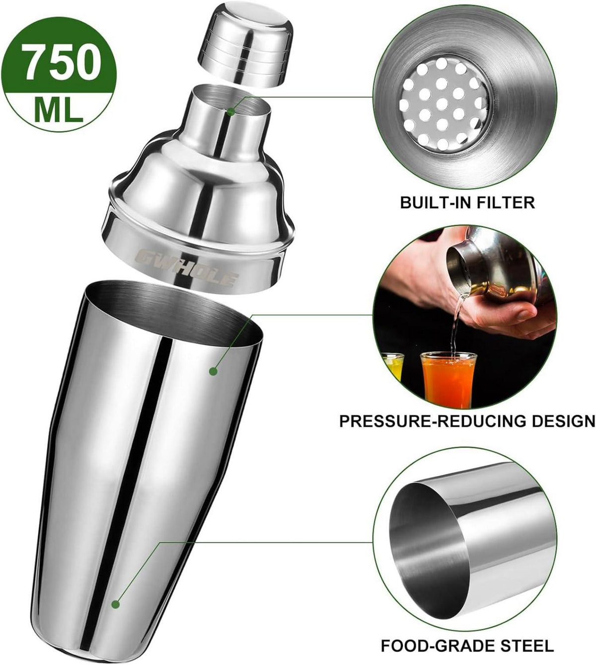 Cocktailshaker Set Edelstahl 750ml mit Cocktailrezepte Ebook