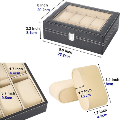 Uhrenbox mit Glasdeckel Schwarz PU-Leder 10 Uhren 25x20x8