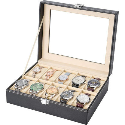 Uhrenbox mit Glasdeckel Schwarz PU-Leder 10 Uhren 25x20x8