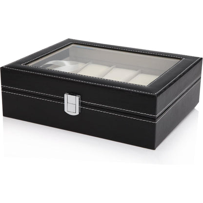 Uhrenbox mit Glasdeckel Schwarz PU-Leder 10 Uhren 25x20x8