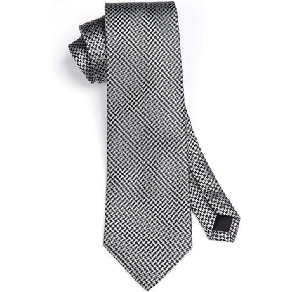 Extra lange Hahnentritt-Krawatte & Taschentuch Set Silber