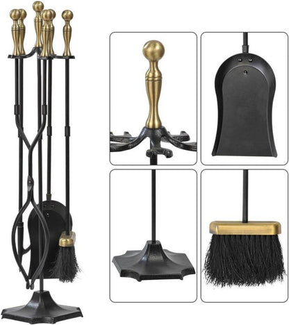 Kaminbesteck 5-teilig Messing Schmiedeeisen Halter 67,3 cm Gold-schwarz