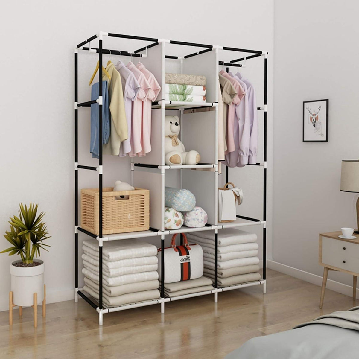 Tragbarer Kleiderschrank Vliesstoff mit Schiebetüren beige – Grün