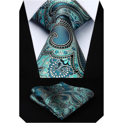 Herren Krawatten-Set mit Einstecktuch, Paisley-Blumenmuster, Aqua