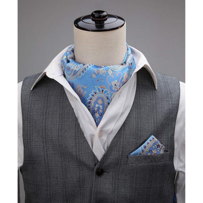 Herren Ascot Krawattenschal & Einstecktuch Set Blau/Gold