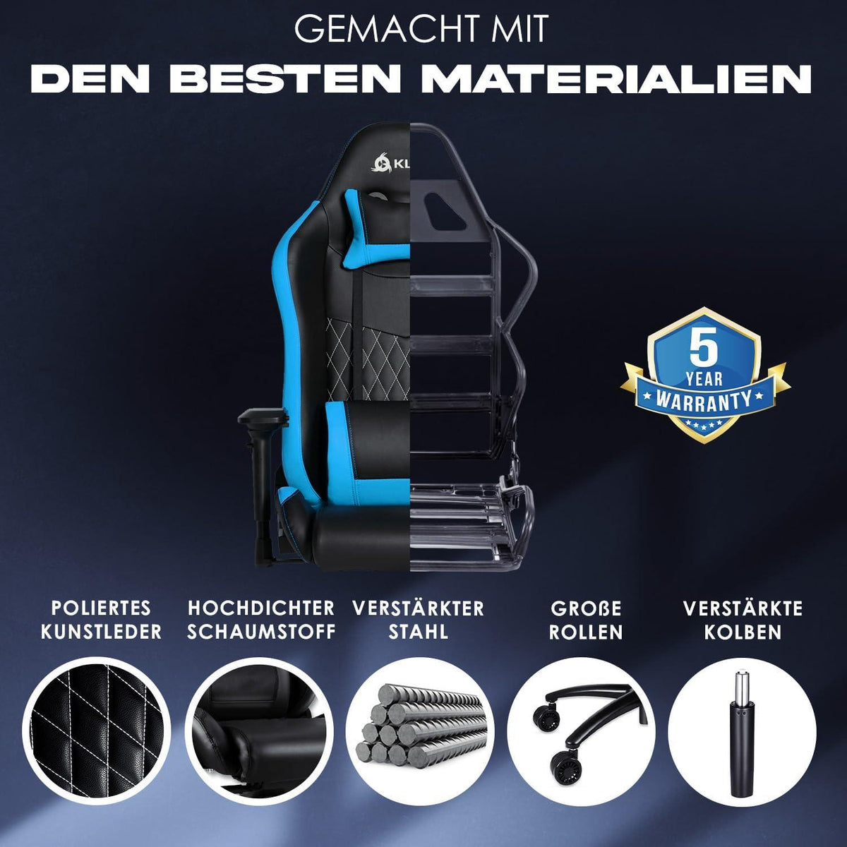 KLIM Esports Gaming Stuhl mit Lenden- und Nackenstütze Blau 2024 Version