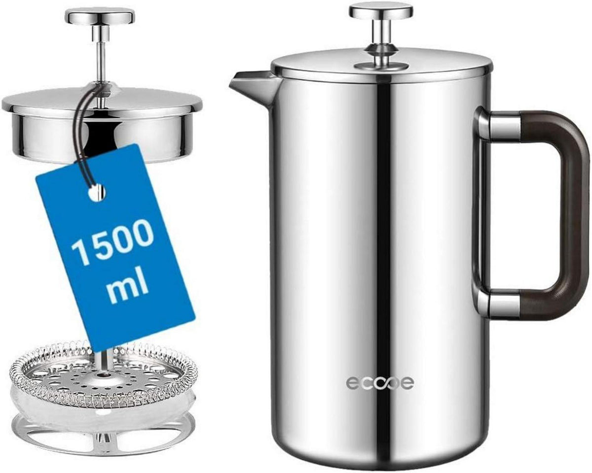 French Press Kaffeebereiter 1.5L Doppelwandiger Edelstahl 3 Filter