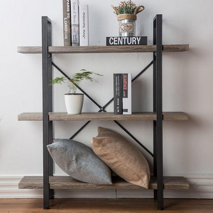 Industrielles Bücherregal Grau mit 3 Etagen – Metall & Holz