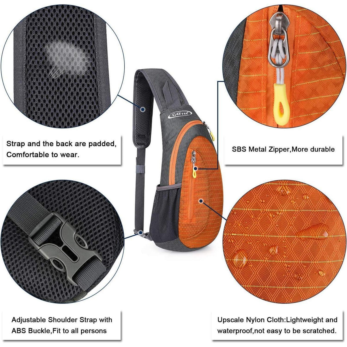 Leichte Brusttasche Grau/Orange | Sling Rucksack für Wandern & Radfahren