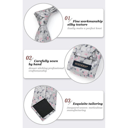 HISDERN Krawatten-Set Herren Seide Floral Grau/Rosa