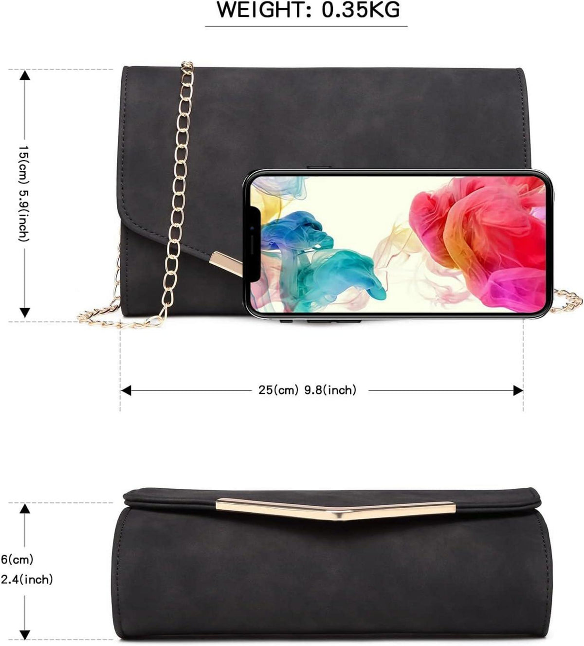 Elegante Damen Clutch Abendtasche Kettentasche Schwarz PU Leder Magnetverschluss