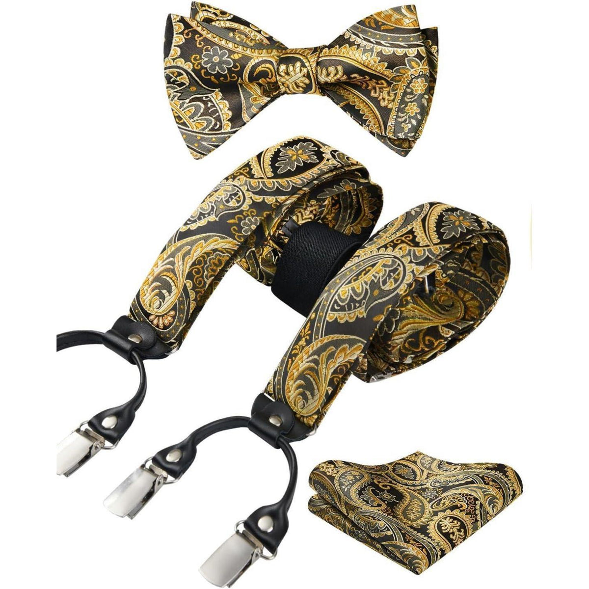HISDERN Herren Hosenträger Set mit Fliege & Einstecktuch, Gold