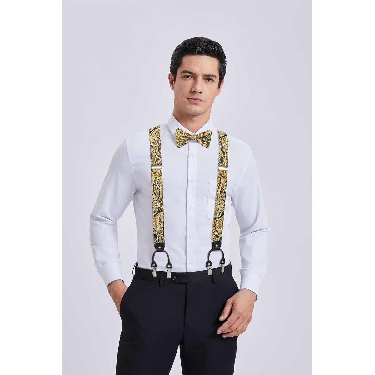 HISDERN Herren Hosenträger Set mit Fliege & Einstecktuch, Gold