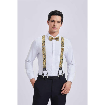 HISDERN Herren Hosenträger Set mit Fliege & Einstecktuch, Gold