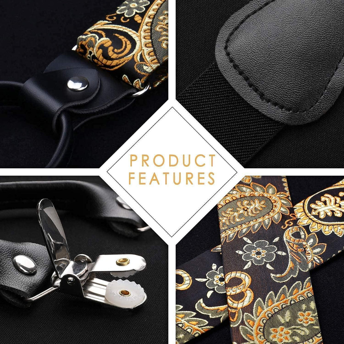 HISDERN Herren Hosenträger Set mit Fliege & Einstecktuch, Gold