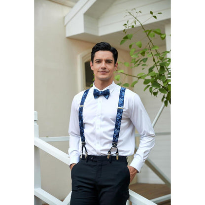 HISDERN Herren Hosenträger Set mit Fliege und Einstecktuch Blau Floral