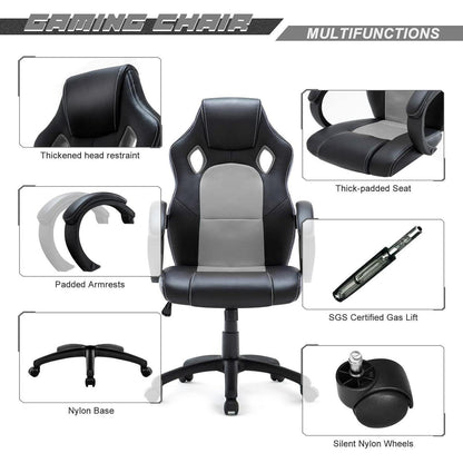 WM Heart Gaming Stuhl Bürostuhl Gamer Stuhl Drehstuhl Grau