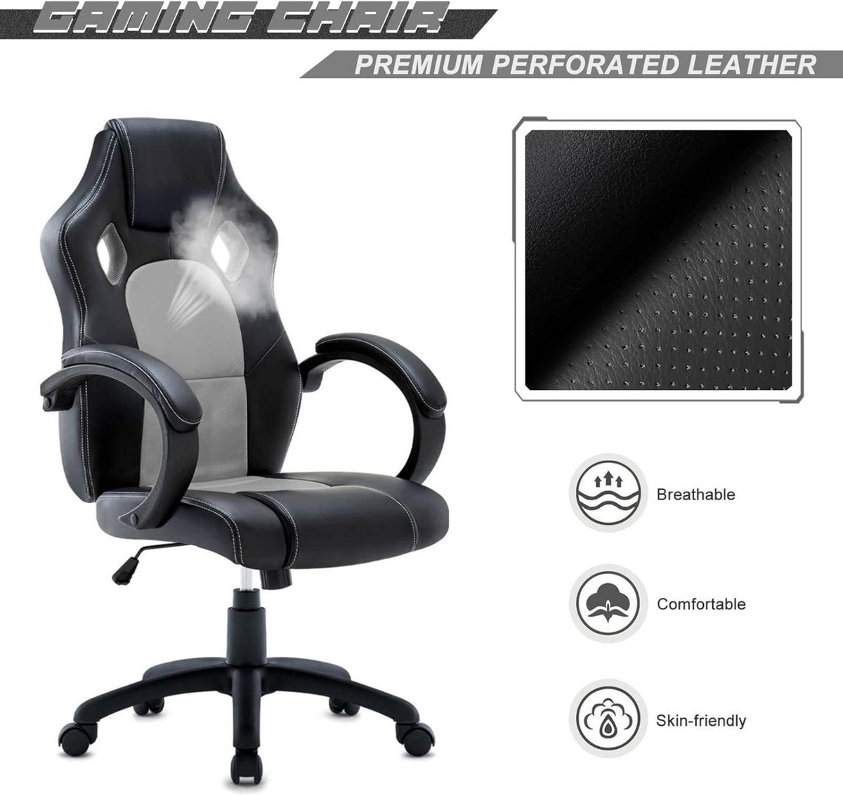 Ergonomischer Gaming Stuhl grau mit hoher Rückenlehne und Racing