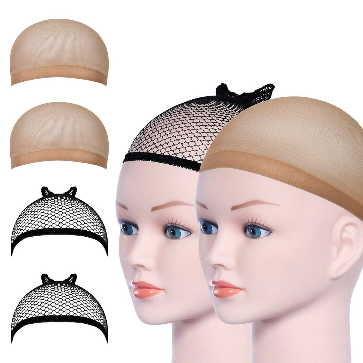 2 x Schwarz & Hautfarbenes Nylon Haarnetz Wig Cap Set