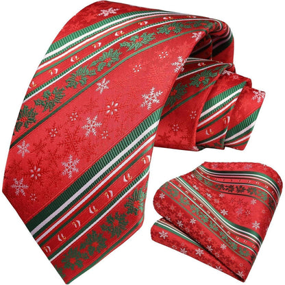 Herren Weihnachts Krawatte & Einstecktuch Set Schneeflocke Rot/Grün