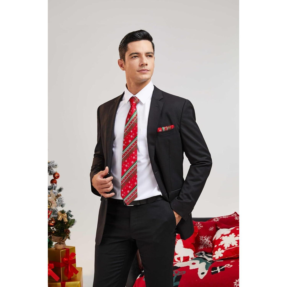 Herren Weihnachts Krawatte & Einstecktuch Set Schneeflocke Rot/Grün