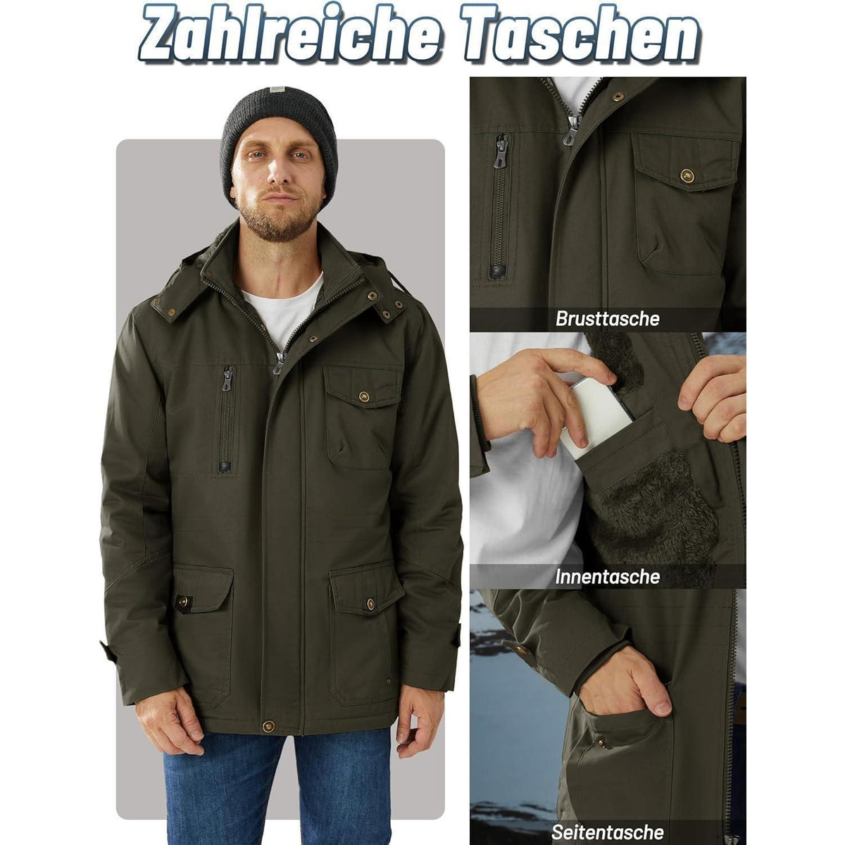 Herren Winterparka mit Kapuze & Cargo Taschen – Dunkeloliv