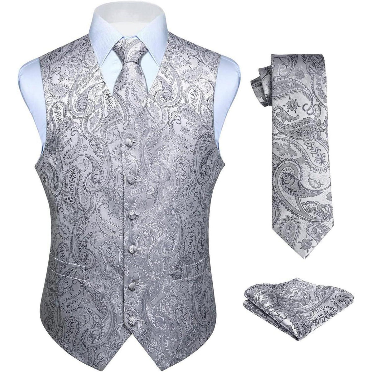 Herren Jacquard Weste Krawatte Einstecktuch Set Grau 5XL