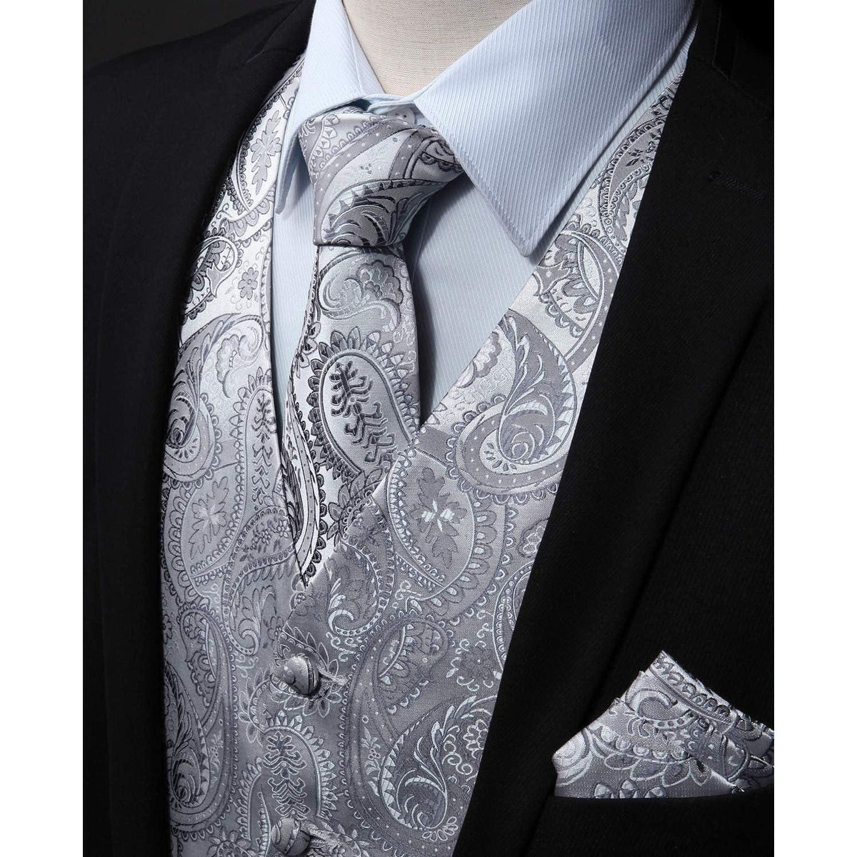 Herren Jacquard Weste Krawatte Einstecktuch Set Grau 5XL