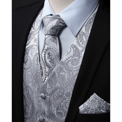Herren Jacquard Weste Krawatte Einstecktuch Set Grau 5XL