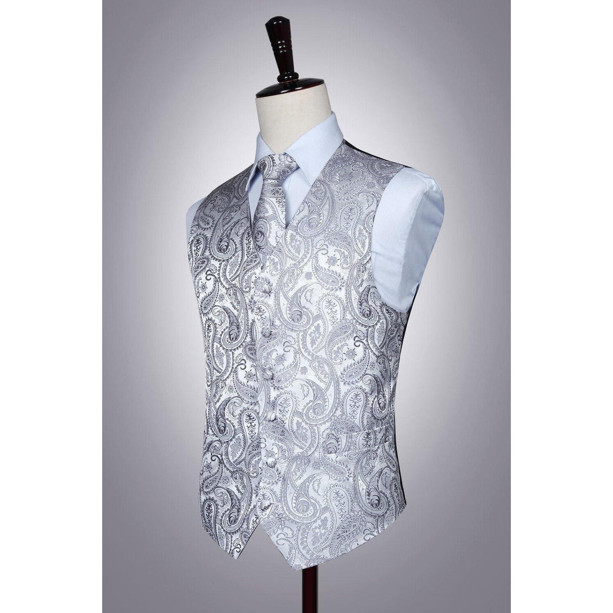 Herren Jacquard Weste Krawatte Einstecktuch Set Grau 5XL