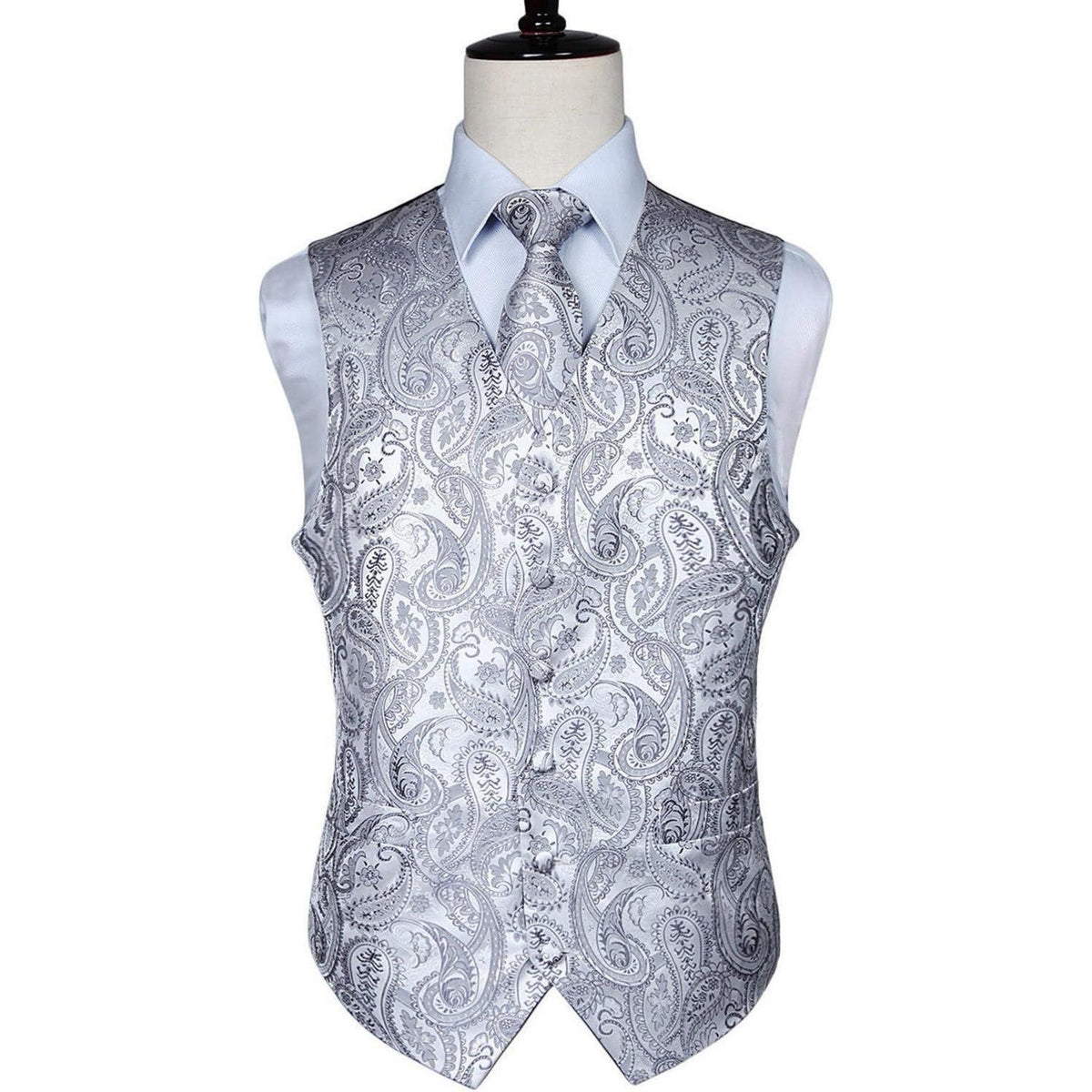 Herren Jacquard Weste Krawatte Einstecktuch Set Grau 5XL