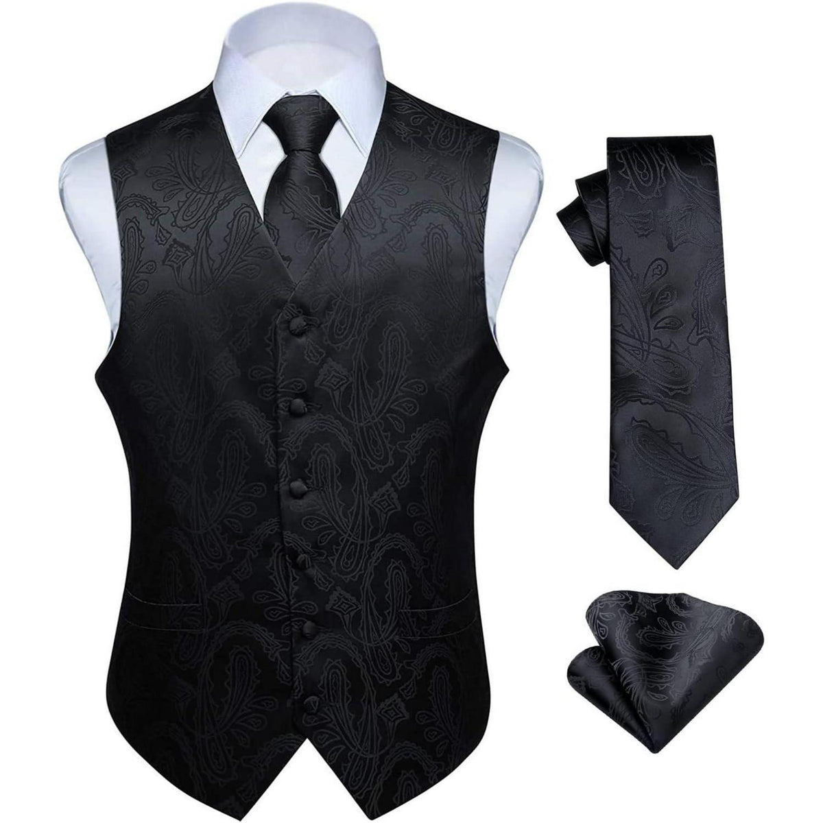Herren Weste Krawatte Einstecktuch Set Jacquard 5XL Schwarz