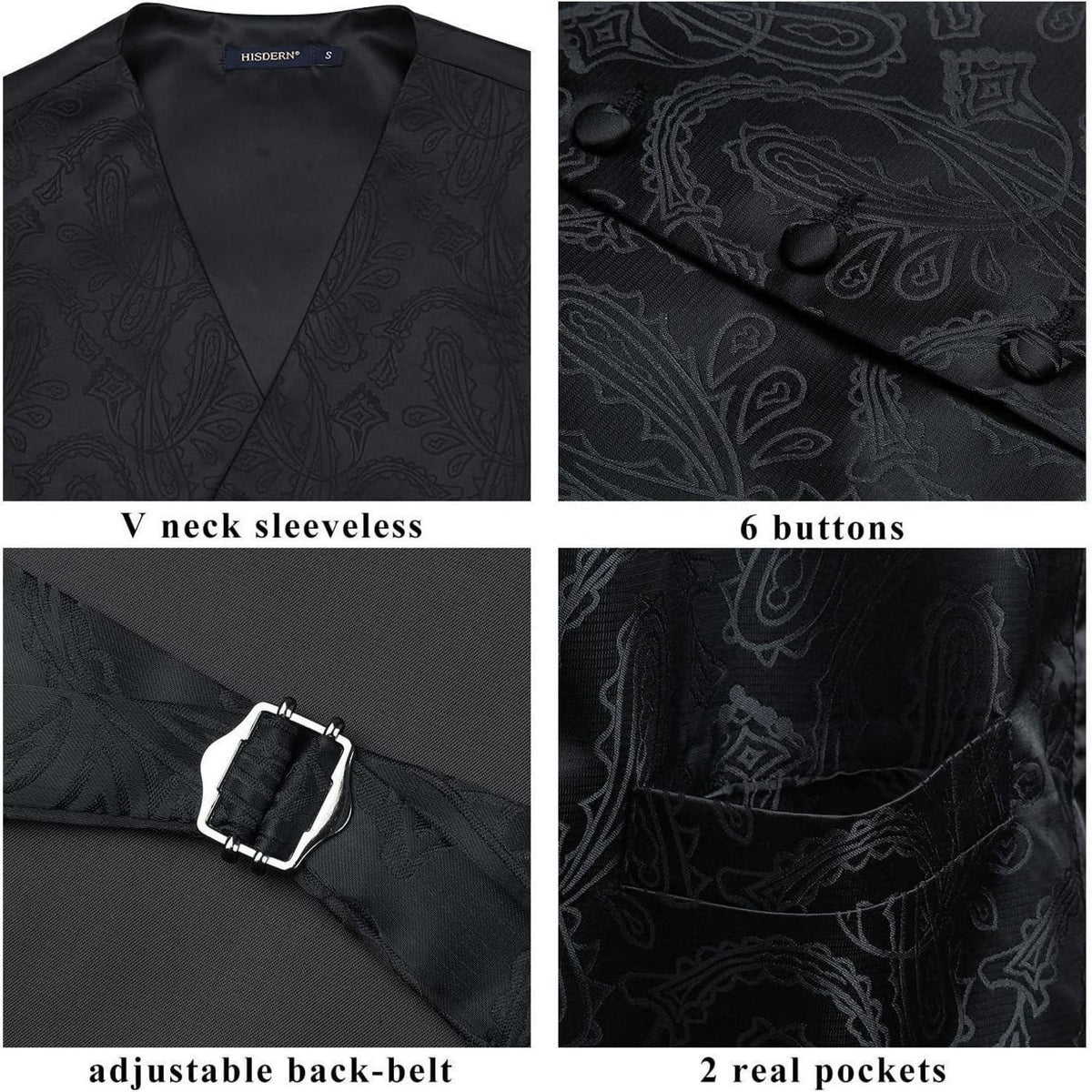 Herren Weste Krawatte Einstecktuch Set Jacquard 5XL Schwarz