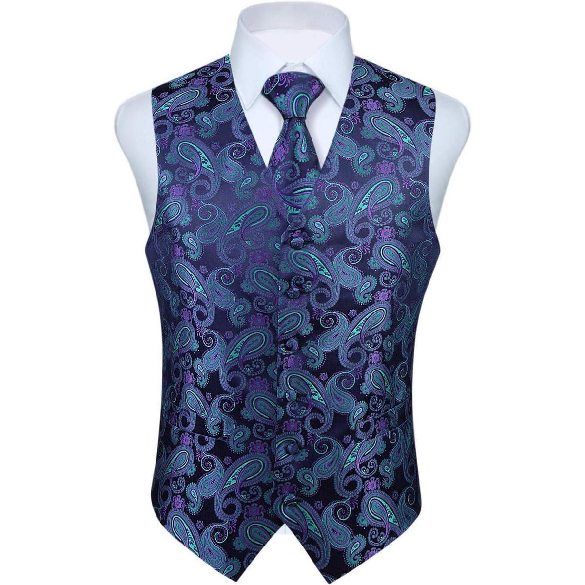 Herren Jacquard Weste Krawatte Einstecktuch Set Lila Grün