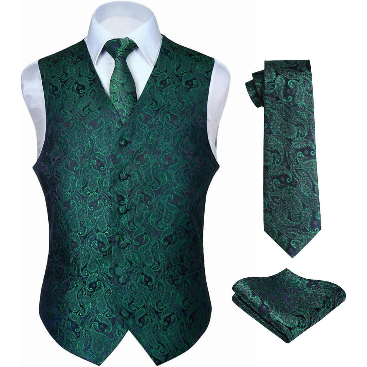 Herren Weste Krawatte Einstecktuch Set Jacquard Seide Grün