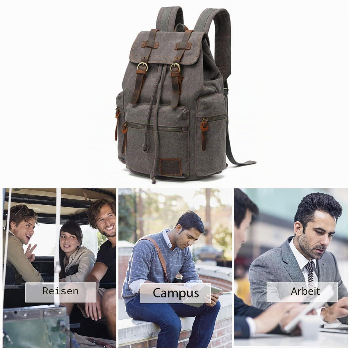 Leinwand Rucksack 15.6 Zoll Laptop Daypack Grau