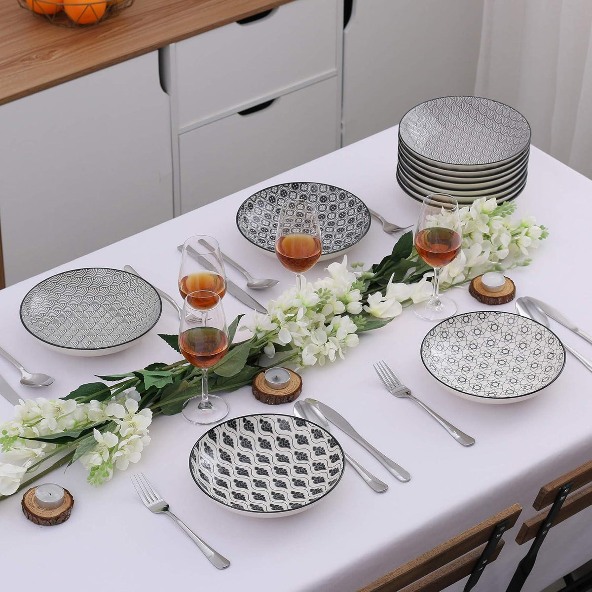 12-tlg. Porzellan Suppenteller Set Schwarz Creme