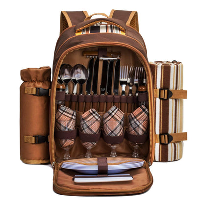 Picknickrucksack 4 Personen mit Set & Decke – Braun
