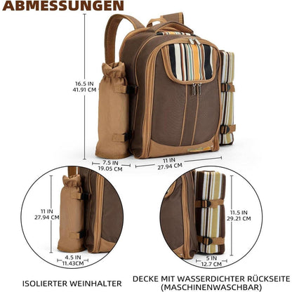 Picknickrucksack 4 Personen mit Set & Decke – Braun