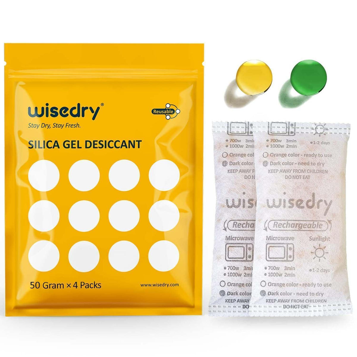 Silicagel Trockenmittel 50g (4er Pack) mit Feuchtigkeitsanzeige