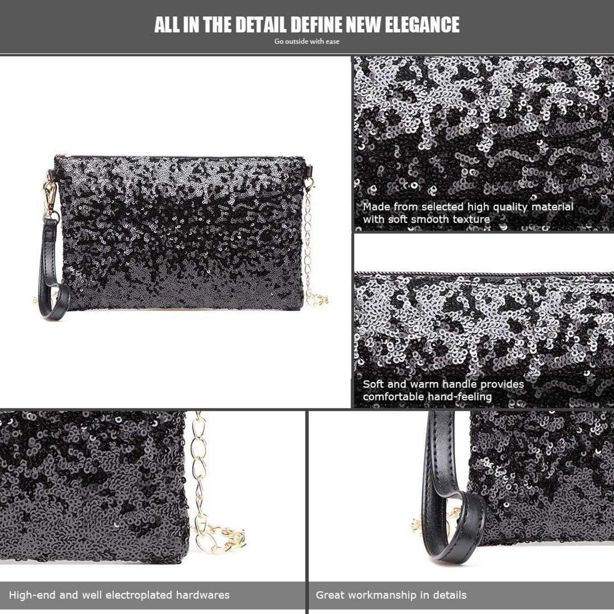 Miss Lulu Damen Mini Pailletten Clutch Umhängetasche 25 x 15 cm