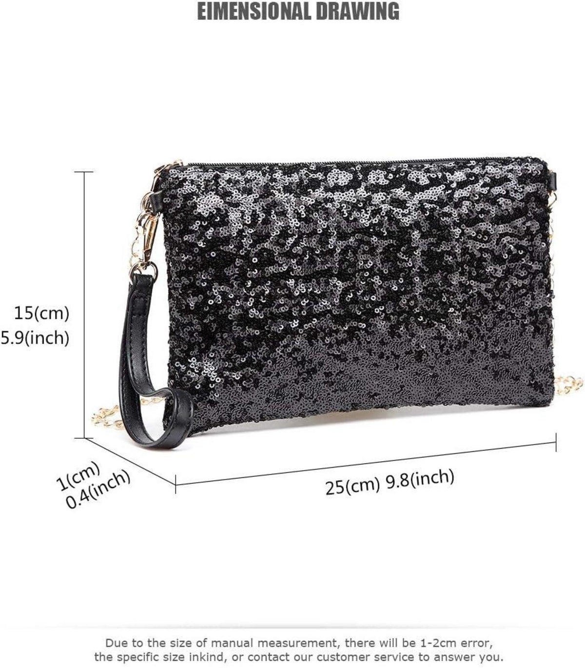 Miss Lulu Damen Mini Pailletten Clutch Umhängetasche Schultertasche in Schwarz