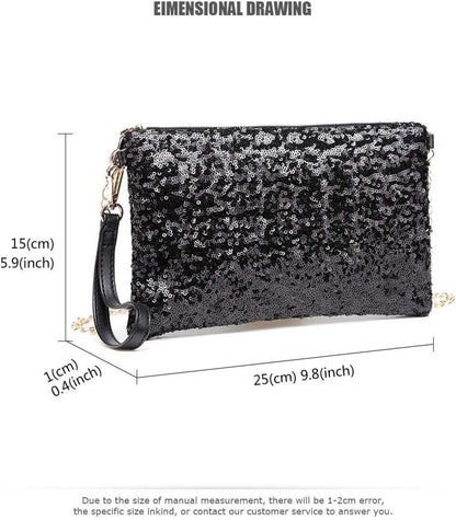 Miss Lulu Damen Mini Pailletten Clutch Umhängetasche Schultertasche in Schwarz