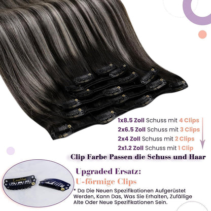 Clip-in Echthaar Extensions Ombre Schwarz Silber 55cm