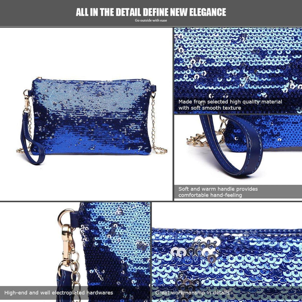 Miss Lulu Mini Pailletten Clutch Umhängetasche Damen Blau